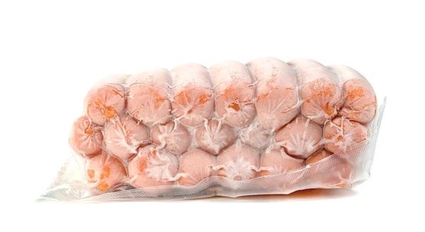 Gros Plan Saucisse Congelée Dans Sac Plastique Avec Cristaux Glace — Photo