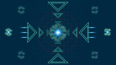 UI Hi-tec arayüzü için kalp atışı veya ekg ekranda parlayan parçacıklar, vektör illüstrasyonlu mavi dijital teknoloji