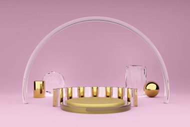 Modern sahne görüntüsü ve minimalist modelleme, soyut gösteri arkaplanı, 3d görüntüleme veya 3d canlandırma için pembe kompozisyonda boş geometrik şekillere sahip podyum