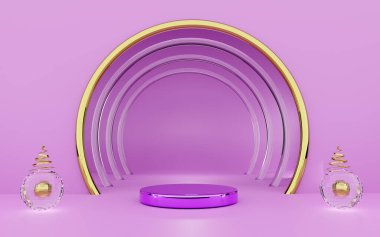 Modern sahne görüntüsü ve minimalist modelleme için mor veya menekşe biçimli geometrik şekillere sahip podyum, soyut gösteri arka planı, 3d illüstrasyon veya 3d canlandırma