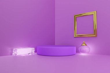 Geometrik şekilli podyum boş ve modern sahne görüntüsü ve minimalist modelleme için mor veya menekşe kompozisyonu olan çömlek, soyut gösteri arka planı, Konsept 3d illüstrasyon veya 3d canlandırma