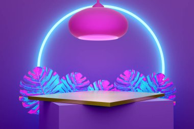 Modern sahne görüntüsü ve minimalist modelleme için mor veya menekşe biçimli geometrik şekillere sahip podyum, soyut gösteri arka planı, 3d illüstrasyon veya 3d canlandırma