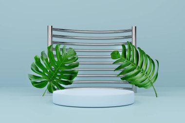 Modern sahne görüntüsü ve minimalist modelleme için gökyüzünde boş geometrik şekillere sahip podyum, soyut gösteri arka planı, 3d illüstrasyon veya 3d canlandırma