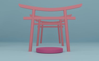Gökyüzünde Japon torii kapısı olan podyum modern sahne görüntüsü ve minimalist modelleme için mavi pastel kompozisyon, soyut gösteri arka planı, 3d illüstrasyon veya 3d canlandırma