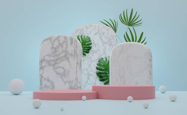 Modern sahne görüntüsü ve minimalist modelleme için gökyüzünde geometrik şekilleri olan podyum boş, soyut gösteri arka planı, 3d illüstrasyon veya 3d canlandırma