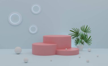 Modern sahne görüntüsü ve minimalist modelleme için gri pastel kompozisyonda boş geometrik şekillere sahip podyum, soyut gösteri arka planı, 3d illüstrasyon veya 3d canlandırma