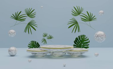 Modern sahne görüntüsü ve minimalist modelleme için gökyüzünde geometrik şekilleri olan podyum boş, soyut gösteri arka planı, 3d illüstrasyon veya 3d canlandırma