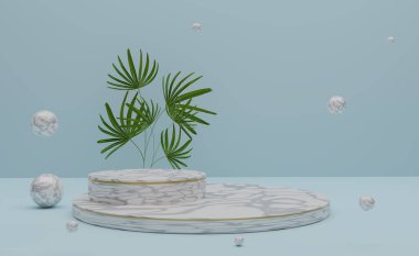 Modern sahne görüntüsü ve minimalist modelleme için gökyüzünde geometrik şekilleri olan podyum boş, soyut gösteri arka planı, 3d illüstrasyon veya 3d canlandırma