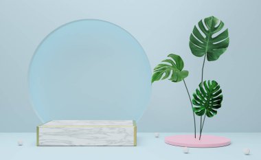 Modern sahne görüntüsü ve minimalist modelleme için gökyüzünde geometrik şekilleri olan podyum boş, soyut gösteri arka planı, 3d illüstrasyon veya 3d canlandırma