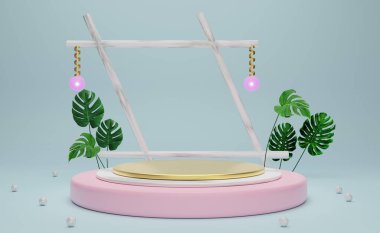 Modern sahne görüntüsü ve minimalist modelleme için gökyüzünde geometrik şekilleri olan podyum boş, soyut gösteri arka planı, 3d illüstrasyon veya 3d canlandırma