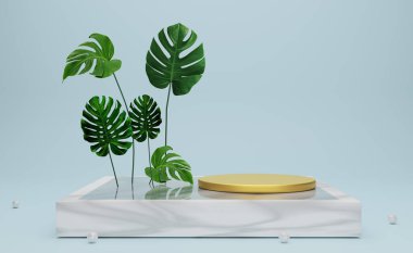 Modern sahne görüntüsü ve minimalist modelleme için gökyüzünde geometrik şekilleri olan podyum boş, soyut gösteri arka planı, 3d illüstrasyon veya 3d canlandırma