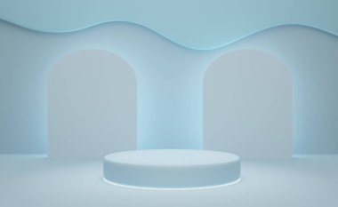 Modern sahne görüntüsü ve minimalist modelleme için gökyüzünde geometrik şekilleri olan podyum boş, soyut gösteri arka planı, 3d illüstrasyon veya 3d canlandırma