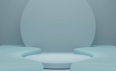 Modern sahne görüntüsü ve minimalist modelleme için gökyüzünde geometrik şekilleri olan podyum boş, soyut gösteri arka planı, 3d illüstrasyon veya 3d canlandırma