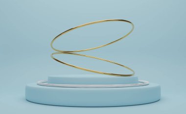 Modern sahne görüntüsü ve minimalist modelleme için gökyüzünde geometrik şekilleri olan podyum boş, soyut gösteri arka planı, 3d illüstrasyon veya 3d canlandırma