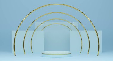 Modern sahne görüntüsü ve minimalist modelleme için gökyüzünde geometrik şekilleri olan podyum boş, soyut gösteri arka planı, 3d illüstrasyon veya 3d canlandırma