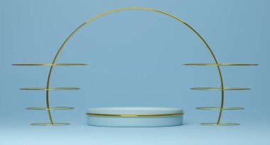 Modern sahne görüntüsü ve minimalist modelleme için gökyüzünde geometrik şekilleri olan podyum boş, soyut gösteri arka planı, 3d illüstrasyon veya 3d canlandırma