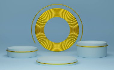 Modern sahne görüntüsü ve minimalist modelleme için gökyüzünde geometrik şekilleri olan podyum boş, soyut gösteri arka planı, 3d illüstrasyon veya 3d canlandırma