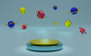 Gökyüzünde renkli geometrik şekillere sahip podyum modern sahne görüntüsü ve minimalist modelleme için mavi pastel kompozisyonu, soyut gösteri arka planı, Konsept 3d illüstrasyon veya 3d canlandırma