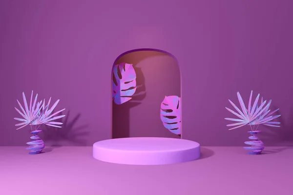 現代のステージディスプレイやミニマリストモックアップ 抽象的なショーケースの背景 コンセプト3Dイラストや3Dレンダリングのための紫や紫の組成物に空の幾何学的な形状の表彰台 — ストック写真