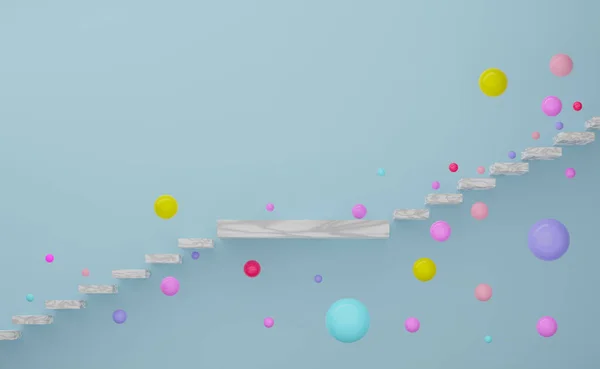 Trap Met Geometrische Vormen Kleurrijke Ballen Hemelsblauwe Pastelcompositie Voor Moderne — Stockfoto