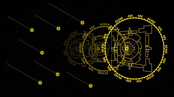 Uiハイテクインターフェース光る粒子 ベクトルイラストと黒と金の抽象的なデジタル技術 — ストックベクタ