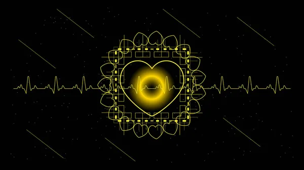 带有发光粒子的Ui高科技接口黑金数字技术中的心脏脉动或Ekg 矢量图解 — 图库矢量图片