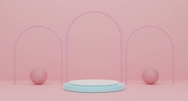 Modern sahne görüntüsü ve minimalist modelleme, soyut gösteri arkaplanı, 3d görüntüleme veya 3d canlandırma için pembe kompozisyonda boş geometrik şekillere sahip podyum