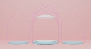 Modern sahne ve minimalist modelleme, soyut gösteri arkaplanı, tasvir çizim veya resmetme için pembe kompozisyonda boş geometrik şekillere sahip mavi podyum