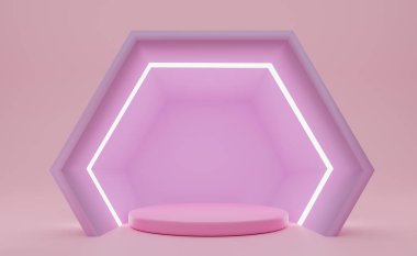 Modern sahne görüntüsü ve minimalist modelleme, soyut gösteri arkaplanı, 3d görüntüleme veya 3d canlandırma için pembe kompozisyonda boş geometrik şekillere sahip podyum