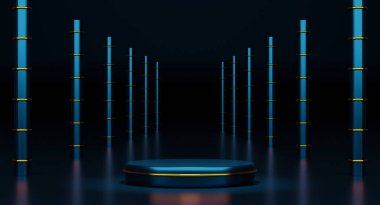 Modern sahne görüntüsü ve minimalist modelleme için geometrik şekiller içeren podyum boş, soyut gösteri arkaplanı, 3d görüntüleme veya 3d canlandırma