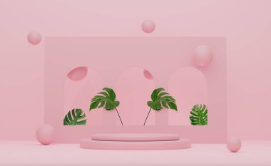 Modern sahne gösterimi ve minimalist modelleme için pembe pastel kompozisyonda geometrik şekiller içeren podyum boş, soyut gösteri arka planı, Konsept 3d illüstrasyon veya 3d canlandırma