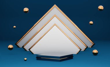 Modern sahne görüntüsü ve minimalist modelleme için geometrik şekiller içeren podyum boş, soyut gösteri arkaplanı, 3d görüntüleme veya 3d canlandırma