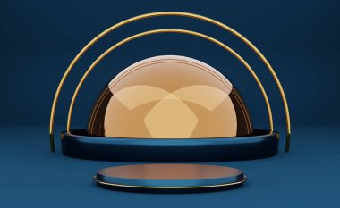 Modern sahne görüntüsü ve minimalist modelleme için geometrik şekiller içeren podyum boş, soyut gösteri arkaplanı, 3d görüntüleme veya 3d canlandırma