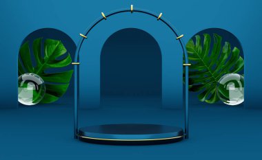 Modern sahne görüntüsü ve minimalist modelleme için geometrik şekiller içeren podyum boş, soyut gösteri arkaplanı, 3d görüntüleme veya 3d canlandırma