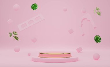Modern sahne gösterimi ve minimalist modelleme için pembe pastel kompozisyonda geometrik şekiller içeren podyum boş, soyut gösteri arka planı, Konsept 3d illüstrasyon veya 3d canlandırma