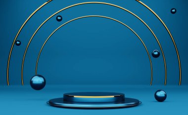 Modern sahne görüntüsü ve minimalist modelleme için geometrik şekiller içeren podyum boş, soyut gösteri arkaplanı, 3d görüntüleme veya 3d canlandırma
