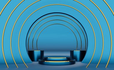 Modern sahne görüntüsü ve minimalist modelleme için geometrik şekiller içeren podyum boş, soyut gösteri arkaplanı, 3d görüntüleme veya 3d canlandırma