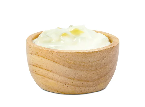 Yoghurt Nata Coco Dutche Wooden Bowl Isolated White Background Include — Stock Photo, Image