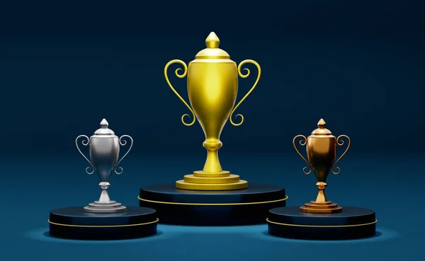Golden Champion Cup Trofeeën Podium Met Geometrische Vormen Blauwe Compositie — Stockfoto