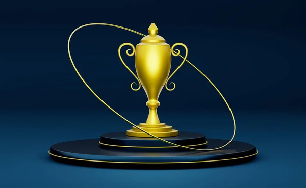 Cupa Aur Campion Sau Trofee Podium Forme Geometrice Compoziție Albastră — Fotografie, imagine de stoc