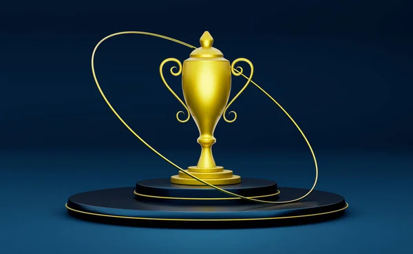 Golden Champion Cup Trofeeën Podium Met Geometrische Vormen Blauwe Compositie — Stockfoto