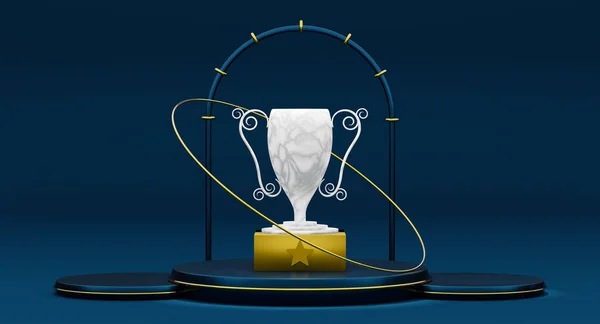 Marmeren Kampioen Beker Trofeeën Podium Met Geometrische Vormen Blauwe Compositie — Stockfoto