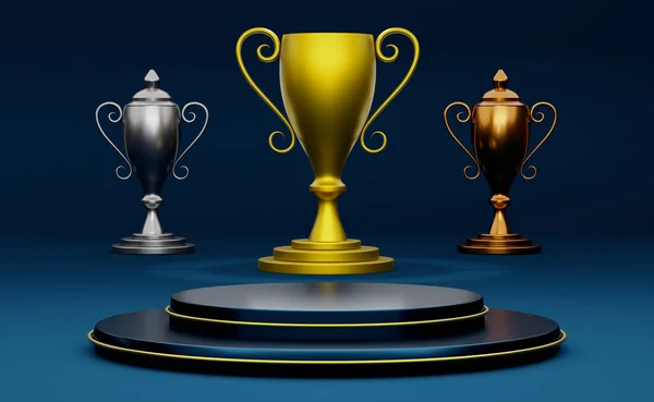 Golden Champion Cup Trophies Podium Geometric Shapes Blue Composition Modern — Stock Photo, Image