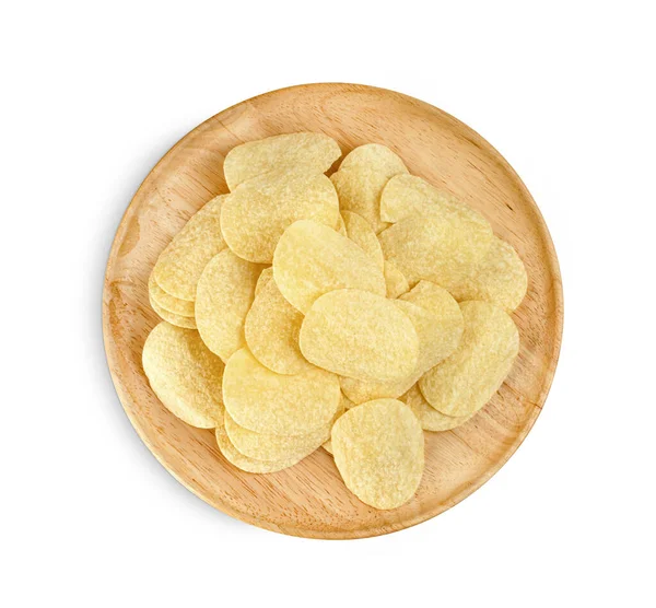 Potatischips Trä Skålen Isolerad Vit Bakgrund Inkluderar Klippning Väg — Stockfoto