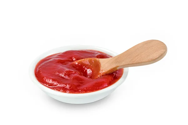 Salsa Tomate Tazón Vidrio Con Cuchara Madera Aislada Sobre Fondo — Foto de Stock