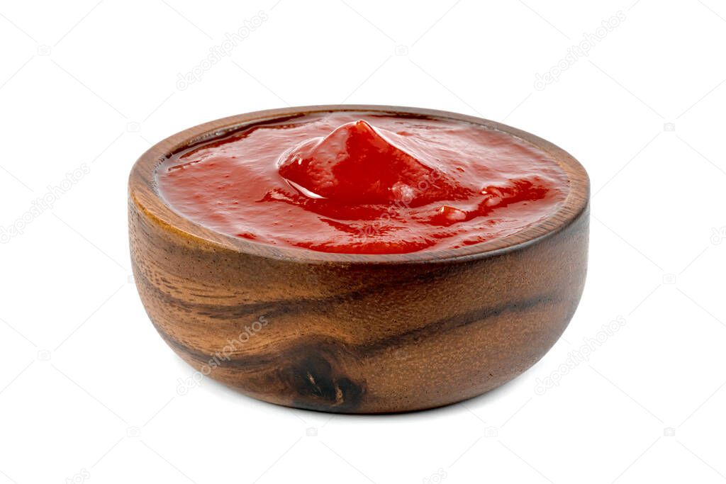 tomato sauce in wooden bowl isolated on white background 