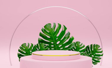 Modern sahne gösterimi ve minimalist modelleme için pembe pastel kompozisyonda geometrik şekiller içeren podyum boş, soyut gösteri arka planı, Konsept 3d illüstrasyon veya 3d canlandırma