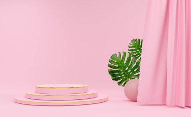 Geometrik şekilli podyum ve modern sahne gösterimi ve minimalist modelleme için pembe pastel kompozisyonda perde, soyut gösteri arka planı, Konsept 3d illüstrasyon veya 3d canlandırma