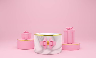 Modern sahne gösterimi ve minimalist modelleme için pembe pastel kompozisyonda geometrik şekiller içeren podyum boş, soyut gösteri arka planı, Konsept 3d illüstrasyon veya 3d canlandırma