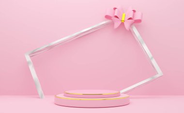 Modern sahne gösterimi ve minimalist modelleme için pembe pastel kompozisyonda geometrik şekiller içeren podyum boş, soyut gösteri arka planı, Konsept 3d illüstrasyon veya 3d canlandırma